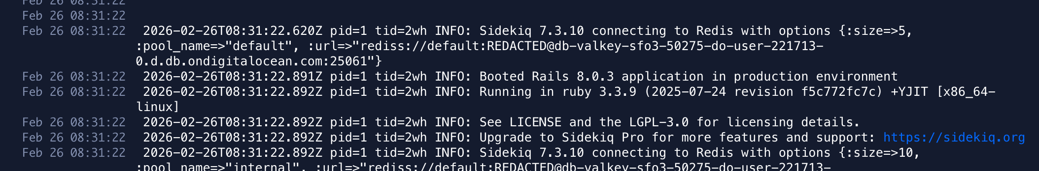 Sidekiq runtime logs showing successful connection to Valkey