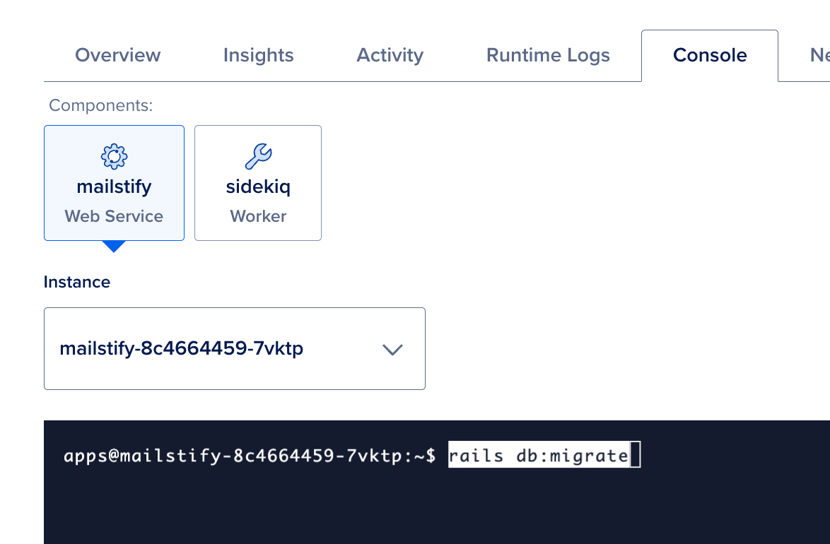 Running rails db migrate in DigitalOcean App Platform web console