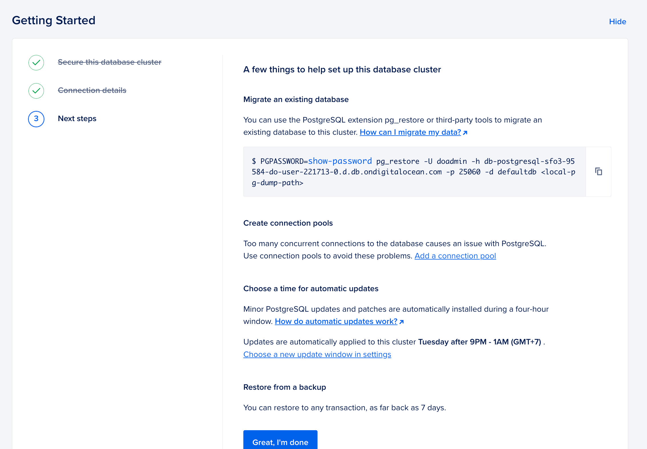 DigitalOcean managed PostgreSQL getting started guide showing the pg_restore command