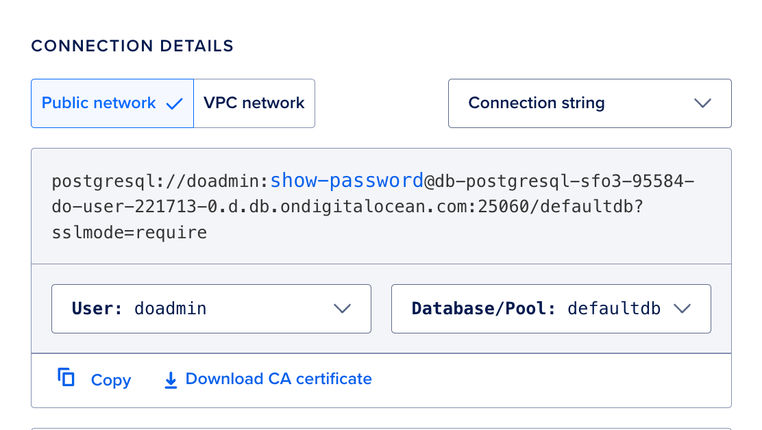 PostgreSQL and Valkey connection strings