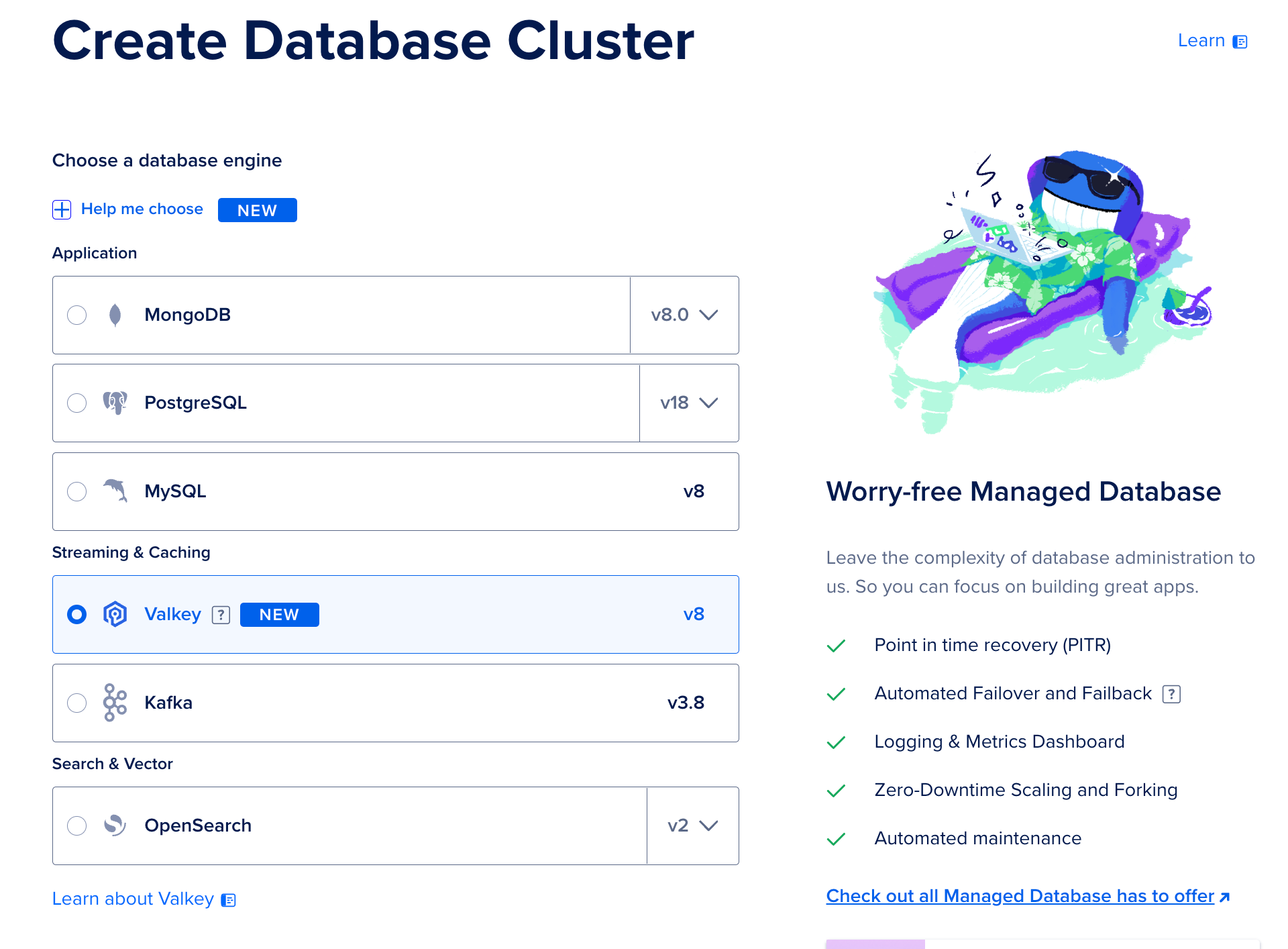 Selecting Valkey as a managed Redis-compatible database in DigitalOcean