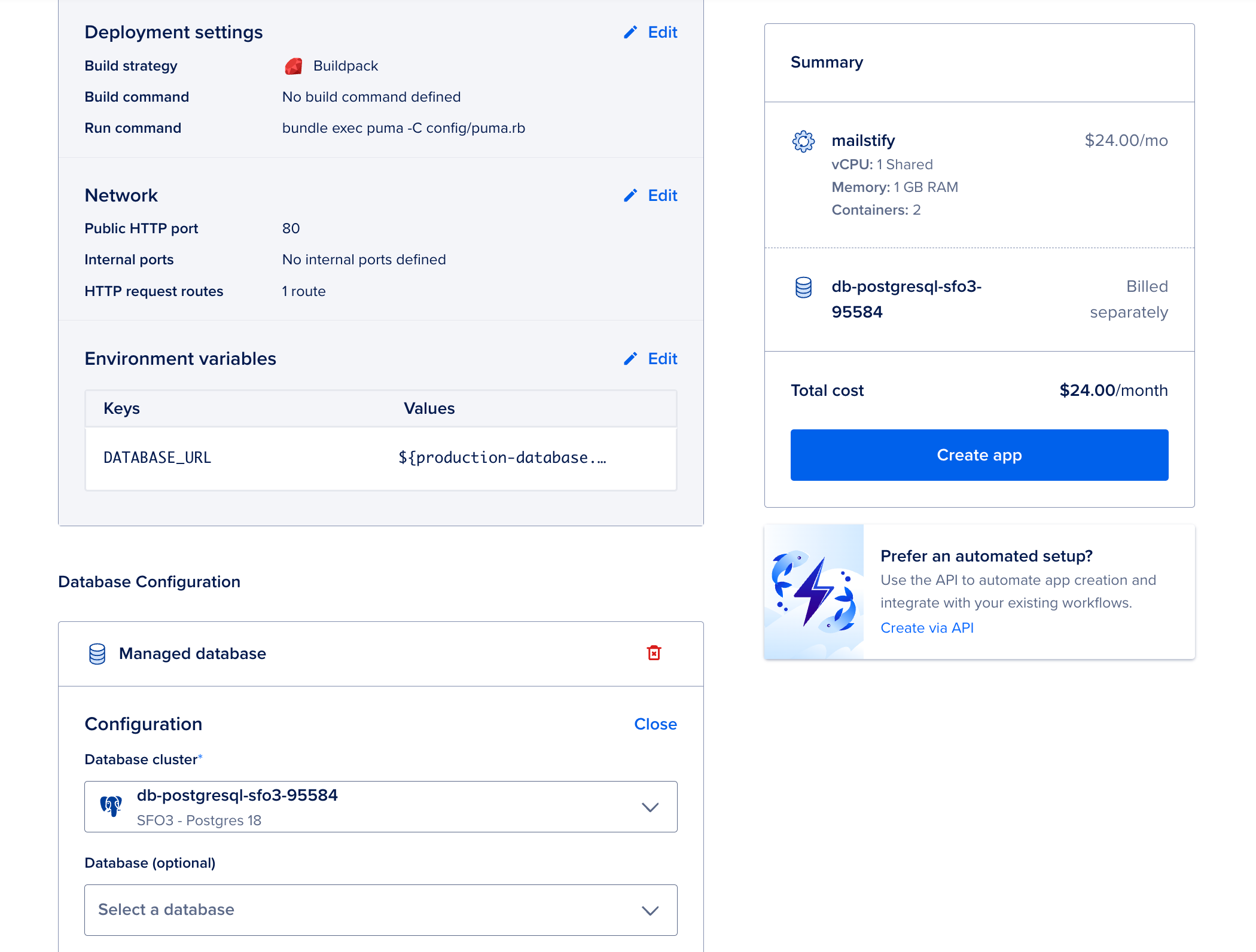 Adding a managed PostgreSQL database in DigitalOcean App Platform setup