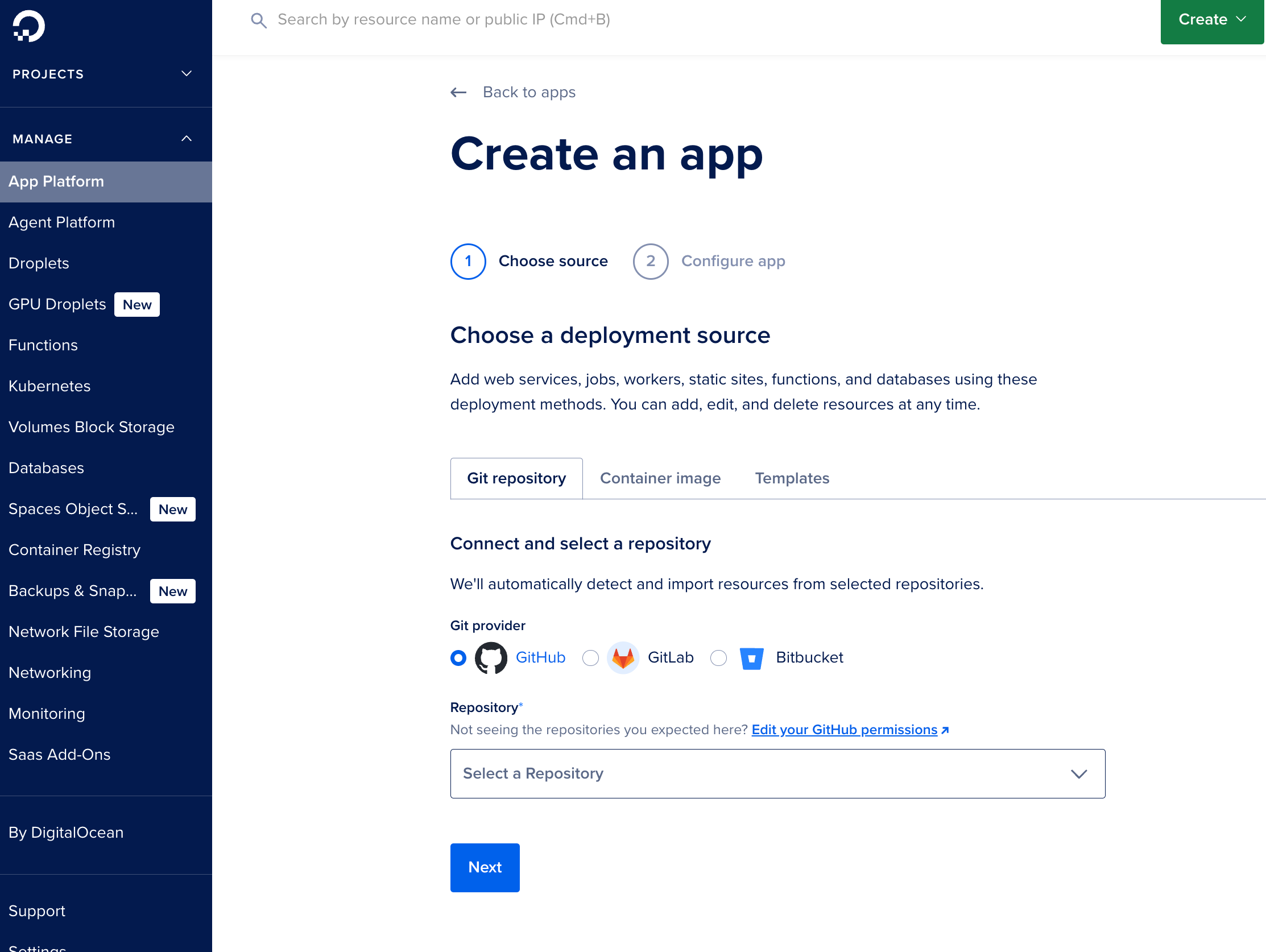 Connecting a GitHub repository to DigitalOcean App Platform